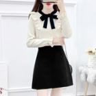 Bow-accent Long-sleeve Sweater / High-waist Woolen Plain Skirt