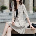 Elbow-sleeve Plaid Blazer / Mini Skirt