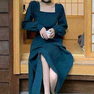 Lantern-sleeve Square-neck Knit Midi A-line Dress