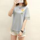 Flower Embroidered Lace Trim Elbow Sleeve T-shirt