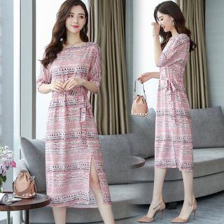 Elbow-sleeve Print Midi Chiffon Dress