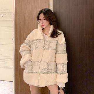 Plaid Panel Furry Zip Jacket Off-white - One Size