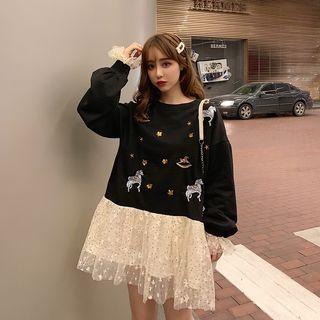 Mock Two-piece Embroidered Sequined Long-sleeve Dress Black - One Size
