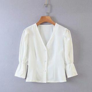 Bell-sleeve V-neck Button-up Blouse