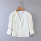 Bell-sleeve V-neck Button-up Blouse