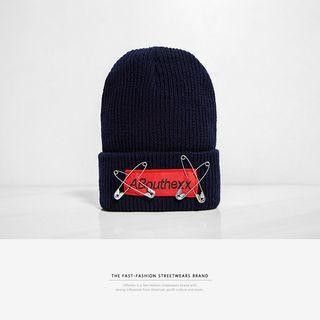 Embroidered Knit Beanie With Pin