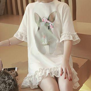 Rabbit Printed Frill Trim T-shirt Dress