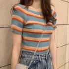 Short-sleeve Striped Knit Top Blue & Yellow - One Size