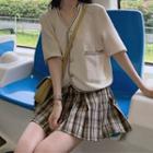 Elbow-sleeve Knit Top / Plaid Pleated Skirt / Set