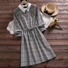 Long-sleeve Collared Plaid A-line Dress