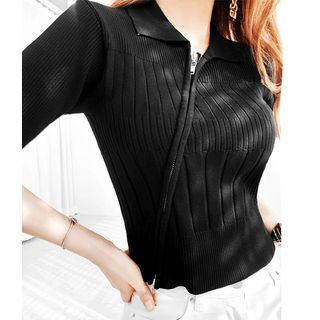 Diagonal-zip Collared Knit Top