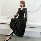 Long-sleeve Lace-panel Velvet Midi A-line Dress