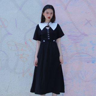 Button-up Short-sleeve Midi A-line Dress