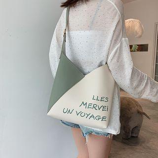 Set: Faux Leather Lettering Paneled Crossbody Bag + Pouch