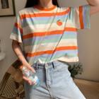 Short-sleeve Fruit Embroidered Striped T-shirt