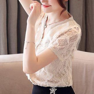 Short-sleeve V-neck Button Lace Shirt