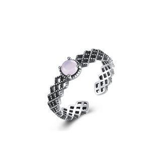 925 Sterling Silver Fashion Elegant Hollow Geometric Pink Crystal Adjustable Open Ring Silver - One Size