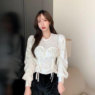 Puff-sleeve Drawstring Velvet Top