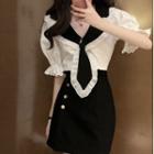 Puff-sleeve Sailor Collar Tie-neck Ruffle Trim Top / High-waist Mini Skirt