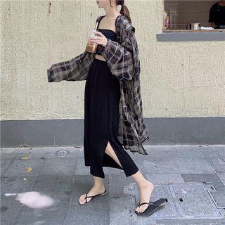 Long-sleeve Hooded Plaid Shirt Dress