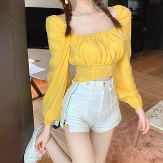 Balloon-sleeve Shirred Blouse / Hot Pants