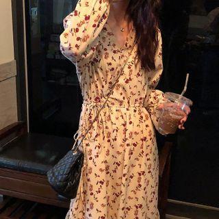 Floral Print Long-sleeve Drawstring-waist Midi A-line Dress