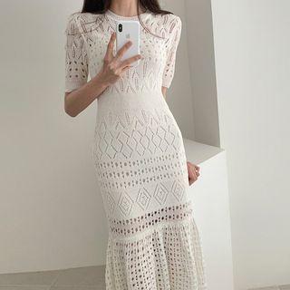 Short Sleeve Ruffle Eyelet Knit Dress