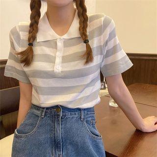 Short-sleeve Color-block Striped Polo Top