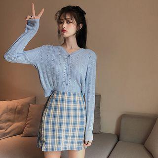Pointelle-knit Cardigan / Plaid Mini Straight-fit Skirt