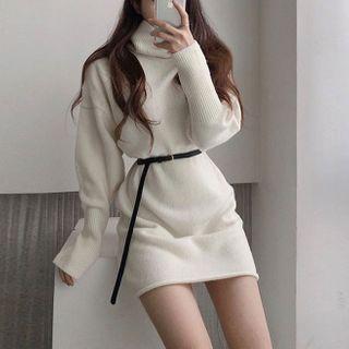 Turtleneck Plain Knit Mini Dress