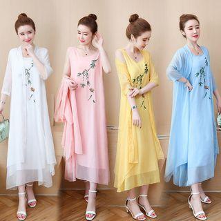 Set: Leaf Embroidered Midi Tank Dress + Long Light Jacket