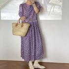 Puff-sleeve Floral Printed Dress Purple - One Size