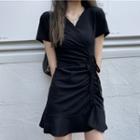 Short-sleeve V-neck Drawstring Mini Dress Black - One Size