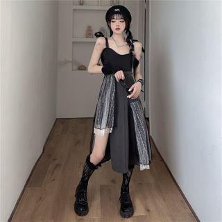 Spaghetti Strap Irregular Lace Panel Midi A-line Dress