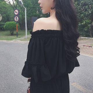 Off Shoulder Elbow-sleeve Chiffon Jumpsuit Black - One Size