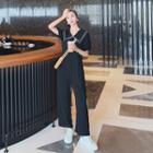 Short-sleeve Layered Collar Wide-leg Jumpsuit