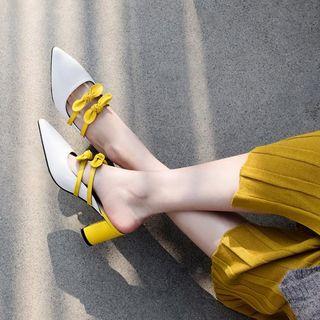 Pointy Ribbon Strap Chunky Heel Mules