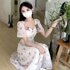 Puff-sleeve Floral Print Mesh Dress