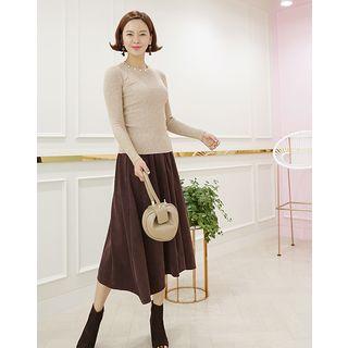Band-waist Velvet Long Flare Skirt