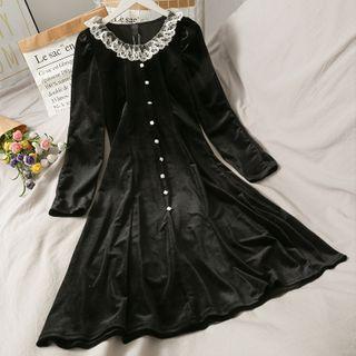Lace-collar Velvet Midi Shirtdress