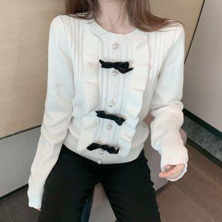 Long-sleeve Buttoned Frill Trim Knit Top White - One Size