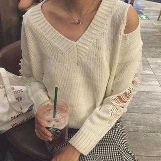 Distressed V-neck Sweater