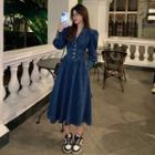 Long-sleeve Notch Lapel Denim Midi A-line Dress