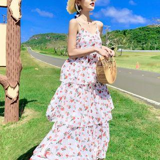 Spaghetti Strap Floral Print Maxi Layered Chiffon Dress