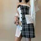 Plaid Panel Spaghetti Strap Dress / Plain Shirt