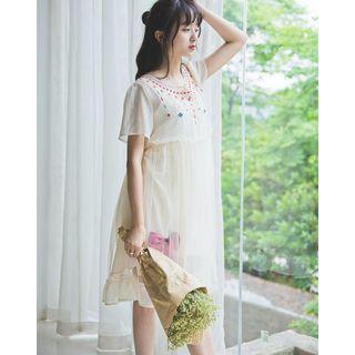 Short-sleeve Sheer Panel Chiffon Midi Dress
