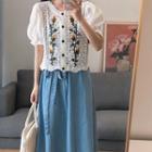 Short-sleeve Embroidered Knit Blouse / Midi A-line Skirt / Set