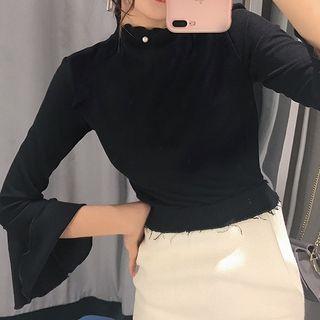 Bell-sleeve Long-sleeve Top Black - One Size