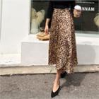 Wrap-front Leopard Long Skirt Brown - One Size