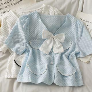 Embossed Ribbon-accent V-neck Shirt